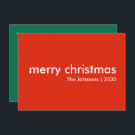 Cartes Pour Fêtes Annuelles Noël Plain | Nom rouge lumineux minimal moderne<br><div class="desc">Simple et élégant "joyeux noël" citation carte de voeux avec typographie moderne en blanc sur un arrière - plan rouge vif dans un style minimaliste scandinave "scandi". La carte peut être facilement personnalisée avec votre propre salutation de vacances, nom de famille et année pour faire une carte de vacances vraiment...</div>