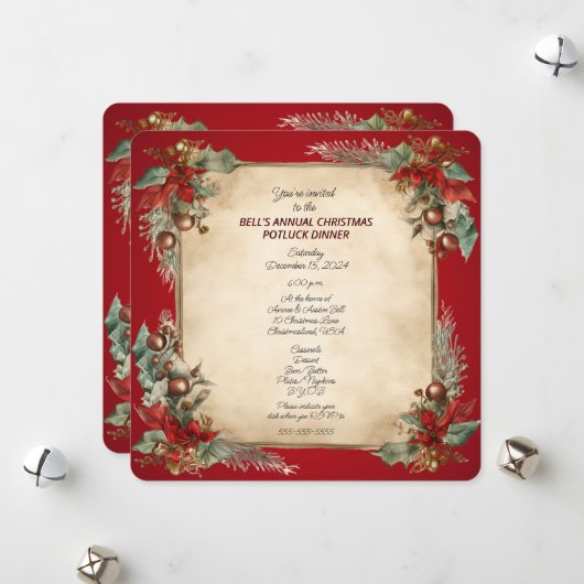Cartes Pour Fêtes Annuelles Noël Potluck Dîner Old World Scroll Invitat (Devant/Arrière en situation)