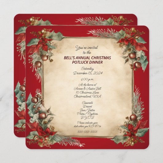 Cartes Pour Fêtes Annuelles Noël Potluck Dîner Old World Scroll Invitat (Devant / Derrière)