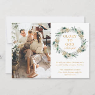 Cartes Pour Fêtes Annuelles Noël religieux moderne avec verdure dorée hivernal