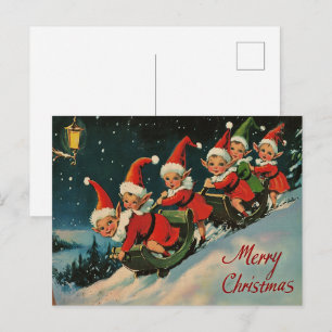 Cartes Pour Fêtes Annuelles Noël Rétro Vintage : Lutins en Traîneau
