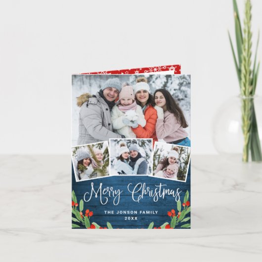 Cartes Pour Fêtes Annuelles Noël Rustic Blue Wood 4 PHOTO Salutation (Devant)