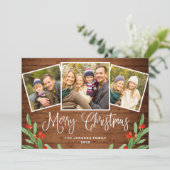 Cartes Pour Fêtes Annuelles Noël Rustic Brown Wood 3 PHOTO Salutation (Debout devant)