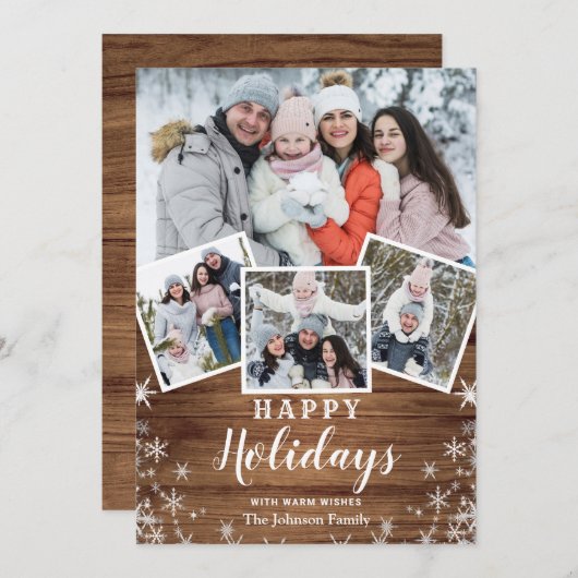 Cartes Pour Fêtes Annuelles Noël Rustic Wood 4 PHOTO Salutation QR code (Devant / Derrière)