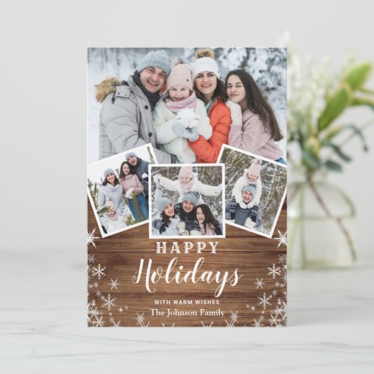 Cartes Pour Fêtes Annuelles Noël Rustic Wood 4 PHOTO Salutation QR code (Debout devant)