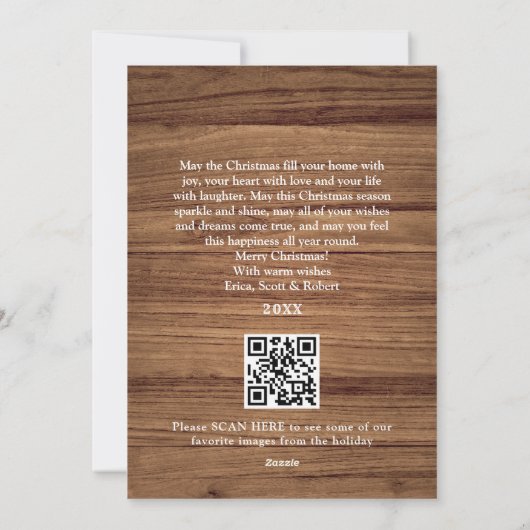 Cartes Pour Fêtes Annuelles Noël Rustic Wood 4 PHOTO Salutation QR code (Dos)