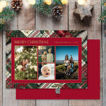 Cartes Pour Fêtes Annuelles Noël Rustique Plaid Famille 4 Photo Collage<br><div class="desc">Ce design propose un thème de Noël et de Fêtes avec des plaids modernes et festifs,  des arbres de Noël,  des cloches à sonnettes et des couleurs traditionnelles,  vert et rouge.</div>