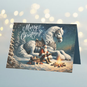 Cartes Pour Fêtes Annuelles Noël Santa et Cheval Blanc Magique