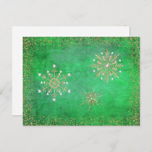 Cartes Pour Fêtes Annuelles Noël Snowflakes Vert & Or (Devant / Derrière)