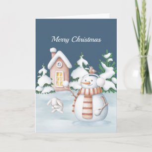 Cartes Pour Fêtes Annuelles Noël Snowman Lapin Arbres Snowball Aquarelle