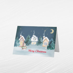 Cartes Pour Fêtes Annuelles Noël Snowman Maisons Lapin Arbres Aquarelle