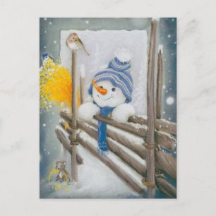 Cartes Pour Fêtes Annuelles Noël Snowman regarde l'oiseau