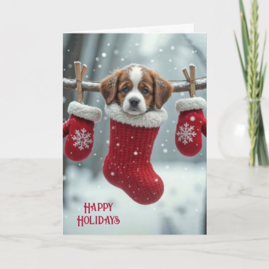 Cartes Pour Fêtes Annuelles Noël St. Bernard Puppy dans une réserve (Devant)