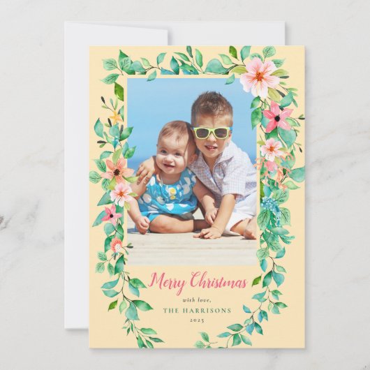 Cartes Pour Fêtes Annuelles Noël tropical Floral Jaune & Green Photo (Devant)