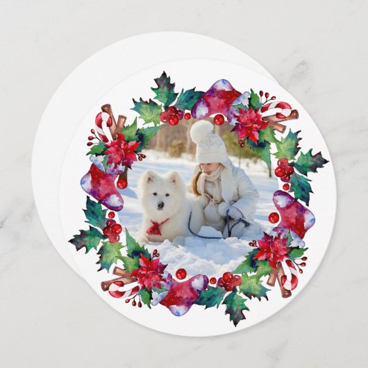 Cartes Pour Fêtes Annuelles Noël Vacances Stocker Floral Wreath Photo (Devant / Derrière)