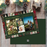 Cartes Pour Fêtes Annuelles Noël Vert Plaid Famille Quatre Photo Collage<br><div class="desc">Ce design propose un thème de Noël et de Fêtes avec des plaids modernes et festifs,  des arbres de Noël,  des cloches à sonnettes et des couleurs traditionnelles,  vert et rouge.</div>