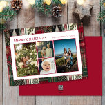 Cartes Pour Fêtes Annuelles Noël Vert Plaid Famille Quatre Photo Collage<br><div class="desc">Ce design propose un thème de Noël et de Fêtes avec des plaids modernes et festifs,  des arbres de Noël,  des cloches à sonnettes et des couleurs traditionnelles,  vert et rouge.</div>