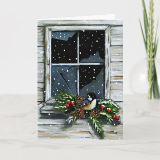 Cartes Pour Fêtes Annuelles Noël : Vielle fenêtre de la grange : Oiseau, Neige