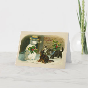 Cartes Pour Fêtes Annuelles Noël vintage - 3 chatons et un bonhomme de neige,