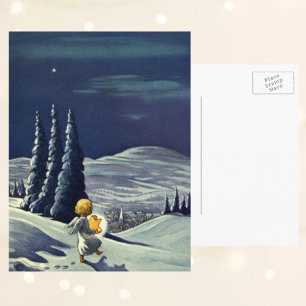 Cartes Pour Fêtes Annuelles Noël vintage, ange de neige marchant avec une étoi