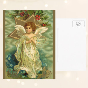 Cartes Pour Fêtes Annuelles Noël vintage, Ange victorien avec étoiles d'or