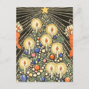 Cartes Pour Fêtes Annuelles Noël vintage, arbre avec bougies et une étoile