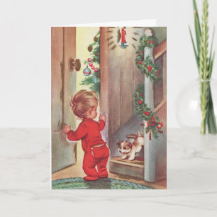 Cartes Pour Fêtes Annuelles Noël vintage d'enfant et de chiot orienté