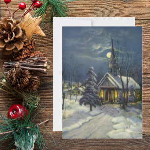 Cartes Pour Fêtes Annuelles Noël Vintage, Église d'hiver en Neige avec Lune