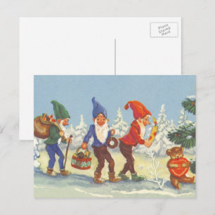 Cartes Pour Fêtes Annuelles Noël vintage, elfes dans la forêt de neige hiver