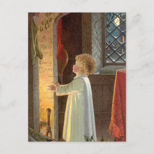 Cartes Pour Fêtes Annuelles Noël vintage, enfant se réchauffant près de la che