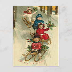 Cartes Pour Fêtes Annuelles Noël vintage enfants mignons traîneaux neige