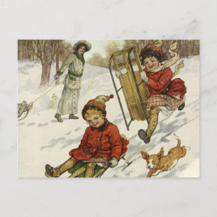 Cartes Pour Fêtes Annuelles Noël vintage, enfants victoriens dévalant la pente