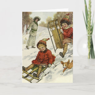 Cartes Pour Fêtes Annuelles Noël Vintage, Enfants Victoriens Dormir Chien