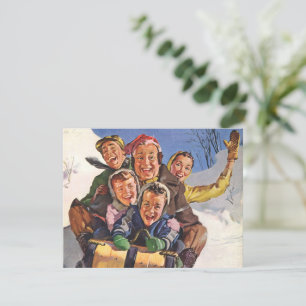 Cartes Pour Fêtes Annuelles Noël vintage, famille heureuse faisant de la luge