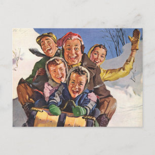 Cartes Pour Fêtes Annuelles Noël vintage, famille heureuse faisant de la luge