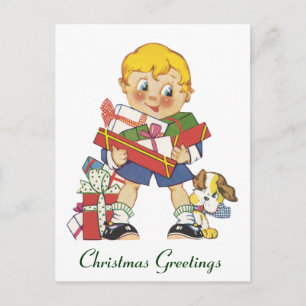 Cartes Pour Fêtes Annuelles Noël vintage, garçon avec cadeaux et chiot