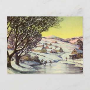 Cartes Pour Fêtes Annuelles Noël Vintage, Lac gelé avec patineurs sur glace