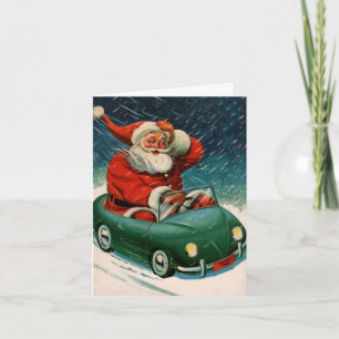 Cartes Pour Fêtes Annuelles Noël vintage, le Père Noël dans un Merci automobil