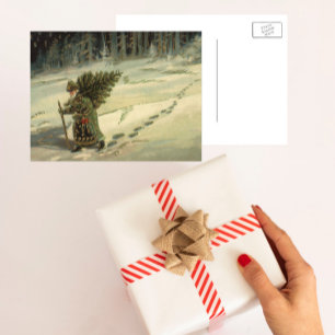 Cartes Pour Fêtes Annuelles Noël vintage, le Père Noël portant un arbre