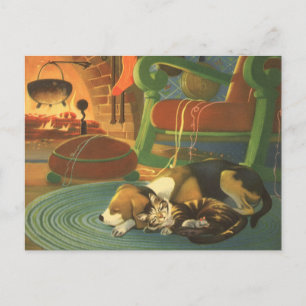 Cartes Pour Fêtes Annuelles Noël Vintage, Les animaux dormant par cheminée