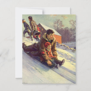 Cartes Pour Fêtes Annuelles Noël vintage, père et fille faisant de la luge