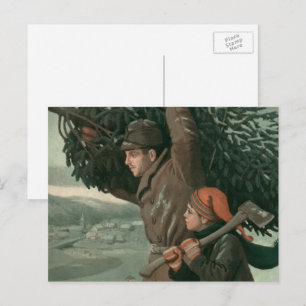 Cartes Pour Fêtes Annuelles Noël vintage, père et fils coupent un arbre