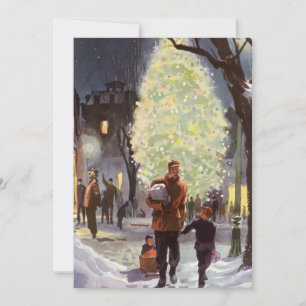 Cartes Pour Fêtes Annuelles Noël vintage, père faisant des achats avec les enf