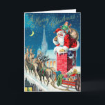 Cartes Pour Fêtes Annuelles Noël Vintage Père Noël victorien sur Chimney<br><div class="desc">Facile à customiser carte de Noël, ajoutez simplement votre propre message personnel! Illustration vintage Design de Noël avec un Père Noël victorien sur un toit sur le point de descendre la cheminée. Le renne et le traîneau attendent sur le toit. Une belle église est dans l'arrière - plan avec les...</div>