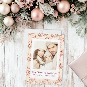 Cartes Pour Fêtes Annuelles Noël vintage rose floral personnalisable plat