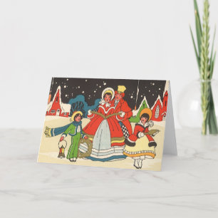 Cartes Pour Fêtes Annuelles Noël vintage, une famille chantant des chants de m