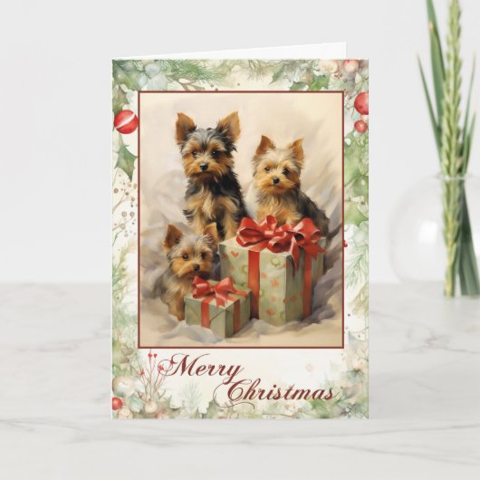 Cartes Pour Fêtes Annuelles Noël vintage Yorkie (Devant)
