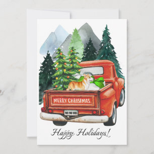 Cartes Pour Fêtes Annuelles Noël Welsh Corgi & Camionnette Vintage Aquarelle 