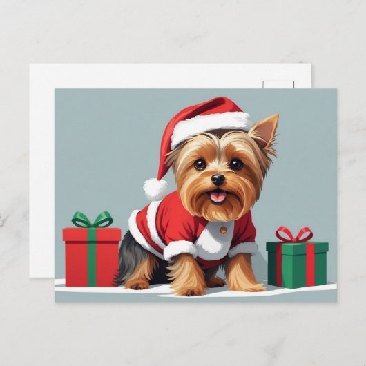 Cartes Pour Fêtes Annuelles Noël Yorkshire Terrier Chien habillé Père Noël (Devant / Derrière)