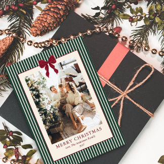 Cartes Pour Fêtes Annuelles Nœud rouge élégant Rayures vertes Photo de Noël